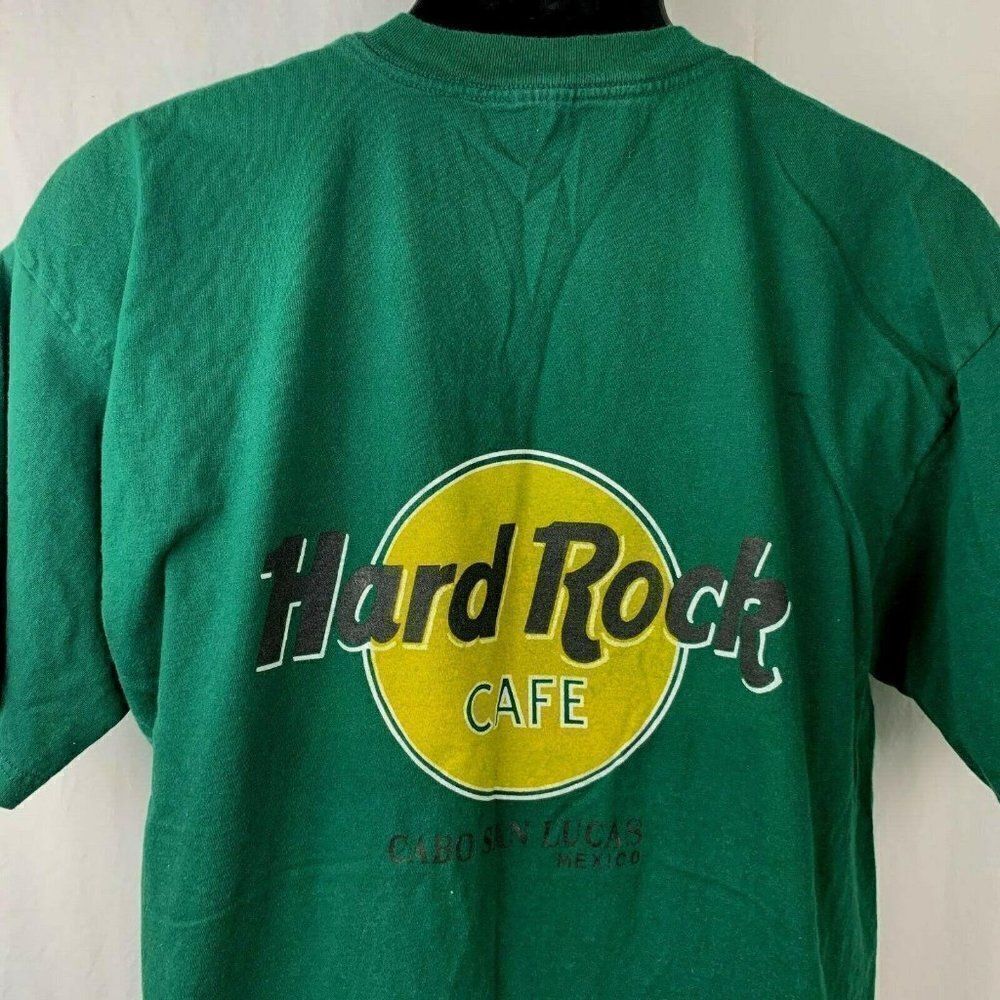 Vintage 90s Hard Rock Cafe T Shirt Green Cabo San Lucas Mexico Double Sided